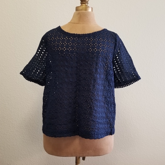 LOFT Navy Blue Large Petite Mesh-like top - Picture 1 of 5